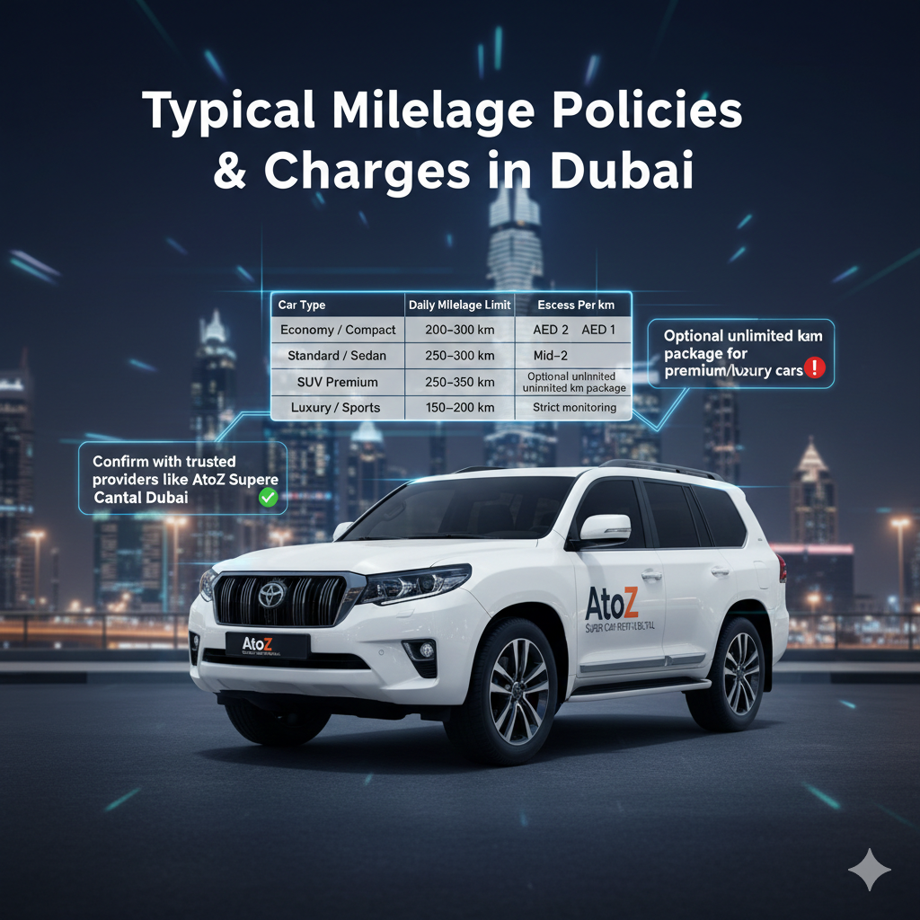 Typical Mileage Policies & Charges – Dubai Car Rentals 2026 Infographic-style image showing rental car from AtoZ Super Car Rental Dubai with a table of typical mileage policies and charges: car type, daily km limit, excess per km, and notes on optional unlimited km packages and premium fees.