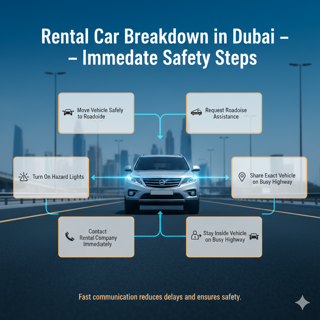 Infographic showing immediate safety steps during rental car breakdown in Dubai with a central roadside vehicle and side-listed emergency actions.