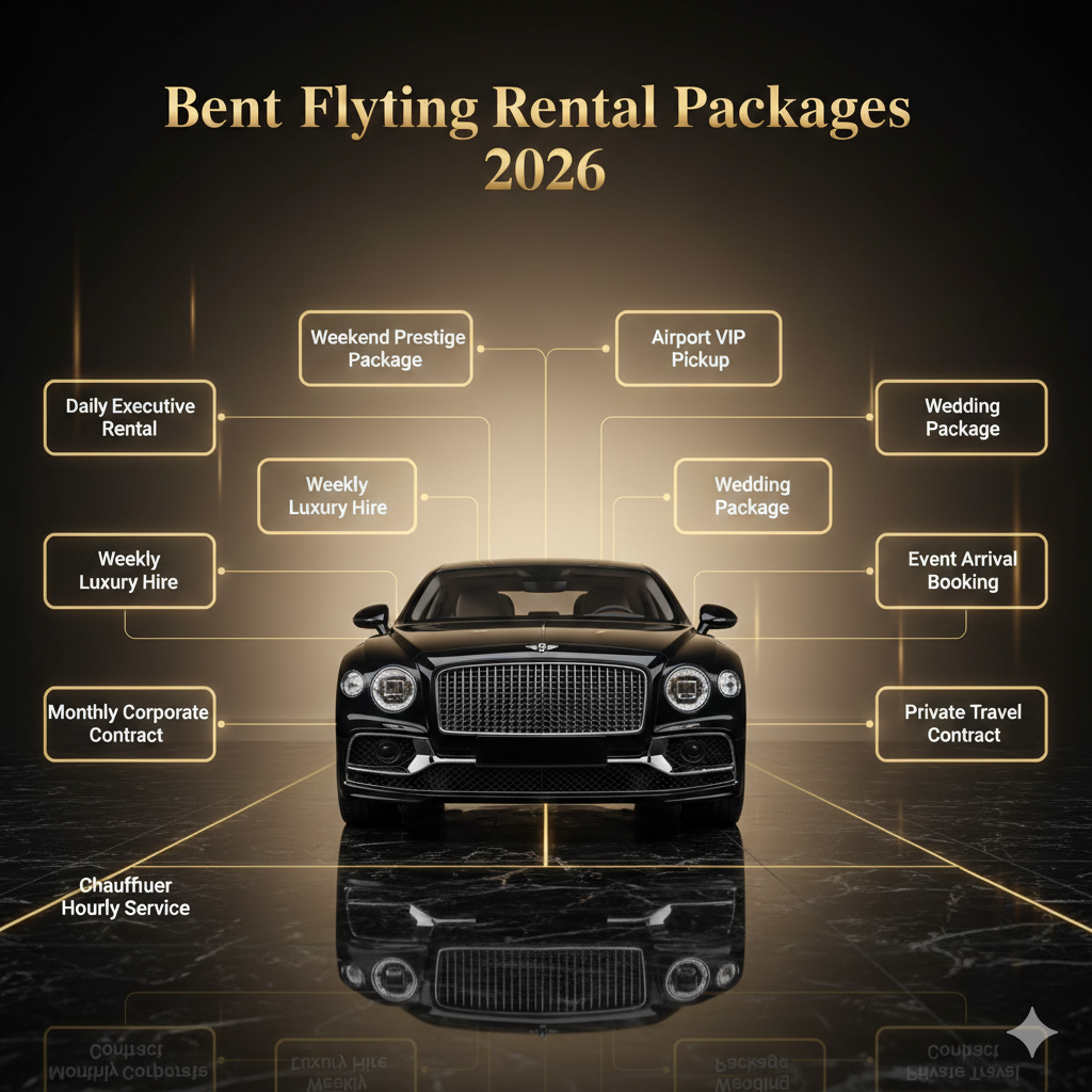 Bentley Flying Spur rental packages infographic poster showing luxury service options around premium sedan