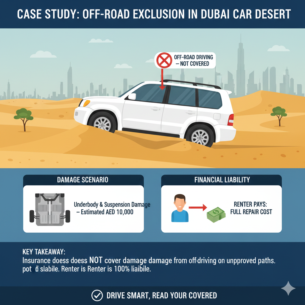 Illustration of a Dubai rental SUV stuck in the desert with underbody damage, labeled “off-road driving exclusion,” showing renter paying repair cost