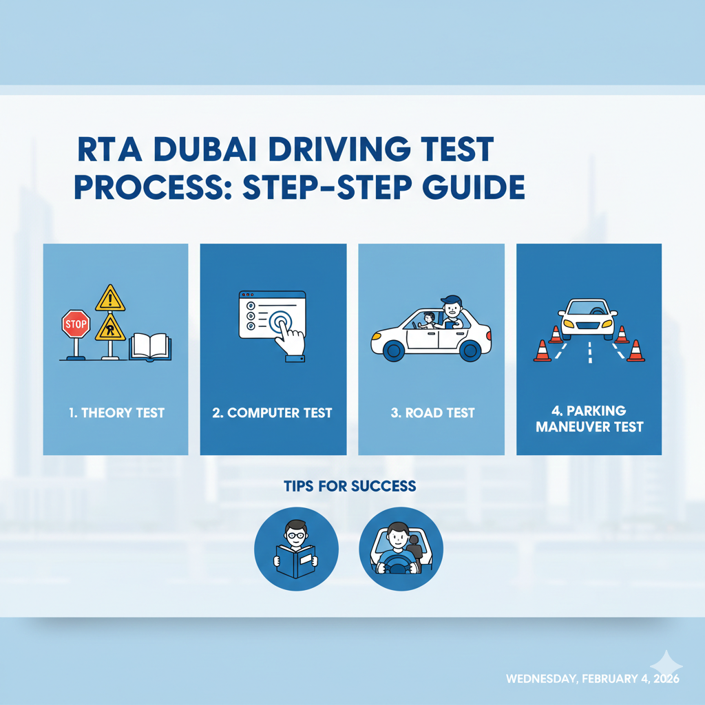 Infographic explaining RTA Dubai driving test components and preparation tips