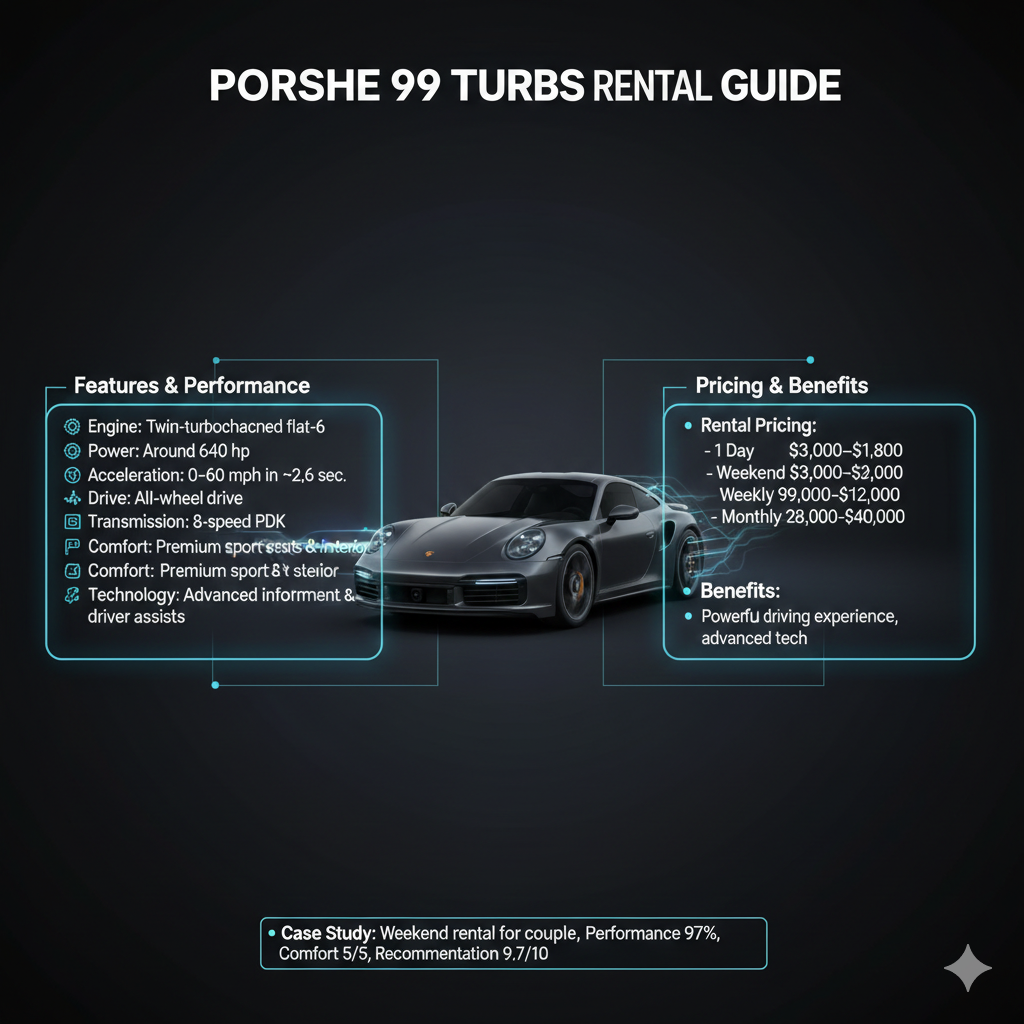 User guide style image showing Porsche 911 Turbo S in the center with animated effects, dynamic title at the top, and key information bullet points on both sides.