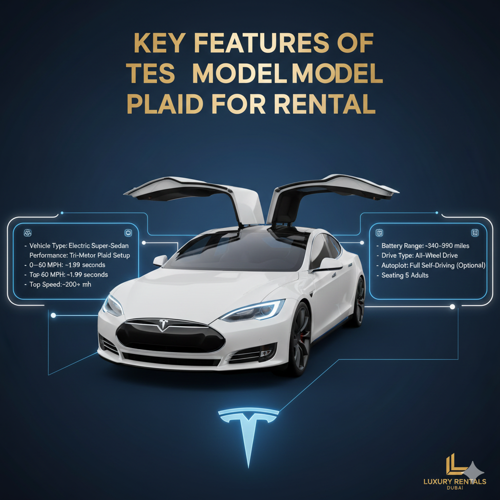 Luxury infographic-style user guide showing Tesla Model S Plaid in the center with title at the top and side spaces for key features including Electric Super-Sedan, Tri-Motor Plaid, 0–60 mph ~1.99 sec, Top Speed ~200+ mph, Battery Range ~340–390 miles, All-Wheel Drive, Autopilot Optional, and 5 Adults seating.

