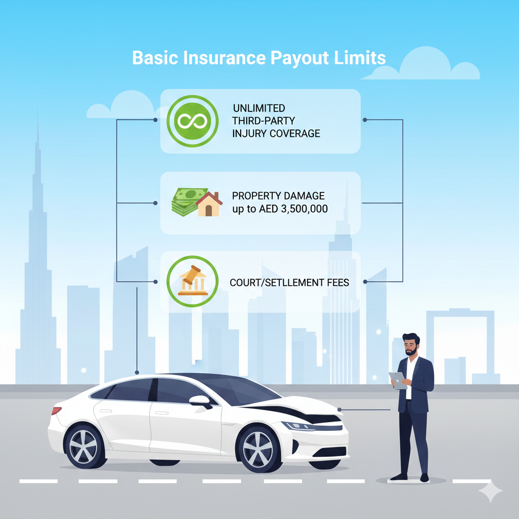 Basic Insurance Coverage Limits Dubai — User Guide Infographic depicting Dubai basic insurance coverage limits for third-party bodily injury and property damage