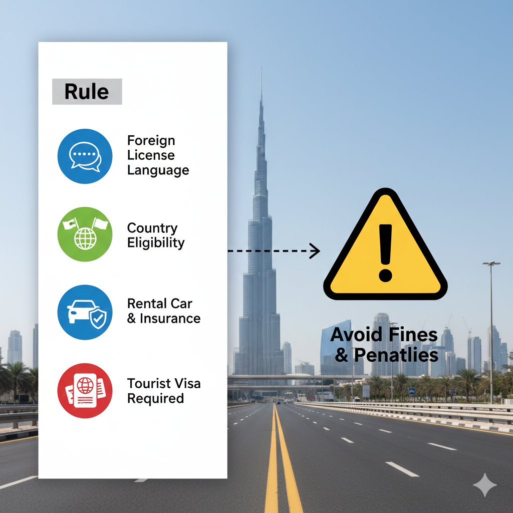 Infographic checklist explaining situations where an IDP is mandatory for driving in Dubai and penalties for non-compliance