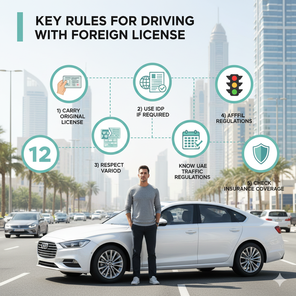Driver in Dubai following rules for foreign license including IDP, validity period, traffic regulations, and insurance verification