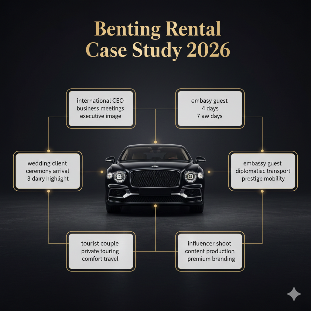 Bentley Flying Spur rental case study infographic showing real client scenarios and executive luxury usage