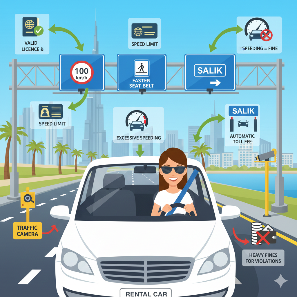 What Are Tourist Driving Laws Dubai – User Guide Illustration “Tourist driving a rental car in Dubai with icons for licence, documents, speed limits, seat belts, fines, traffic cameras, and tolls, infographic style, city landmarks in background for user guide understanding.”