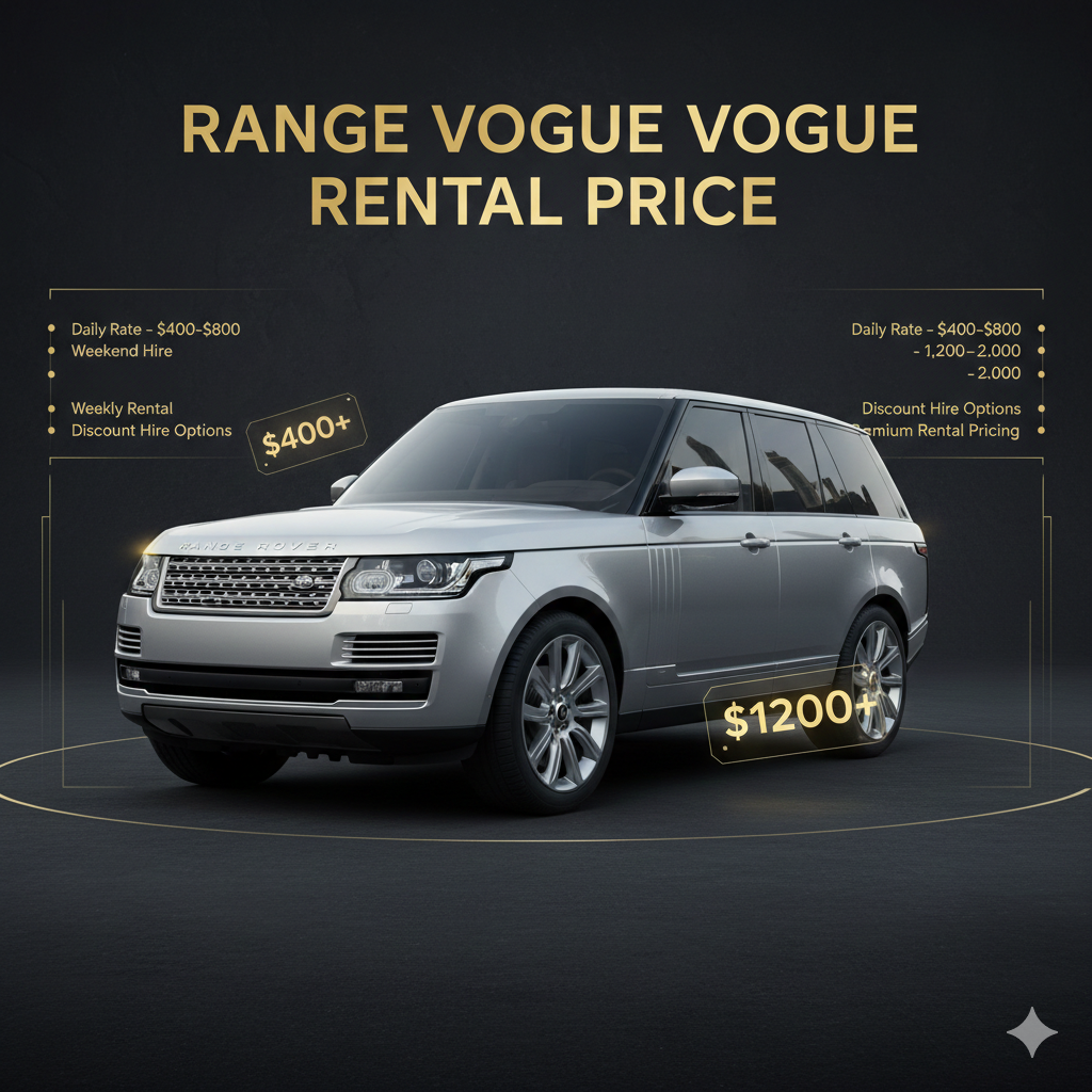 "Range Rover Vogue rental pricing guide image showing central luxury SUV with title on top and side panels listing daily, weekend, and weekly rental price ranges in animated infographic layout."
