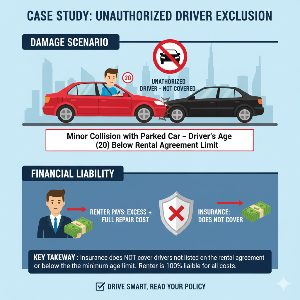 Illustration of a minor collision in Downtown Dubai caused by a 20-year-old driver, labeled “unauthorized driver exclusion,” showing renter paying excess and repair cost