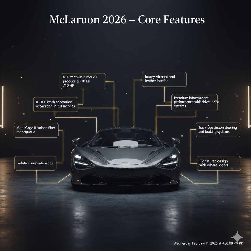 McLaren 720S 2026 supercar in cinematic editorial style with core performance, luxury, and design features highlighted as animated infographic points around the car