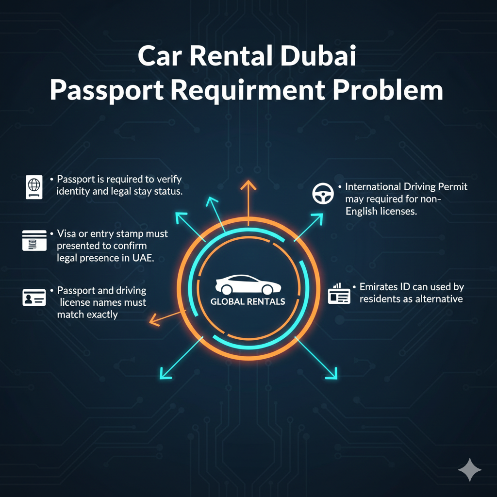 Feature image for user guide titled 'Car Rental Dubai Passport Requirement Problem', showing key points on left and right sides, with a central brand image highlighted using animated infographic elements.