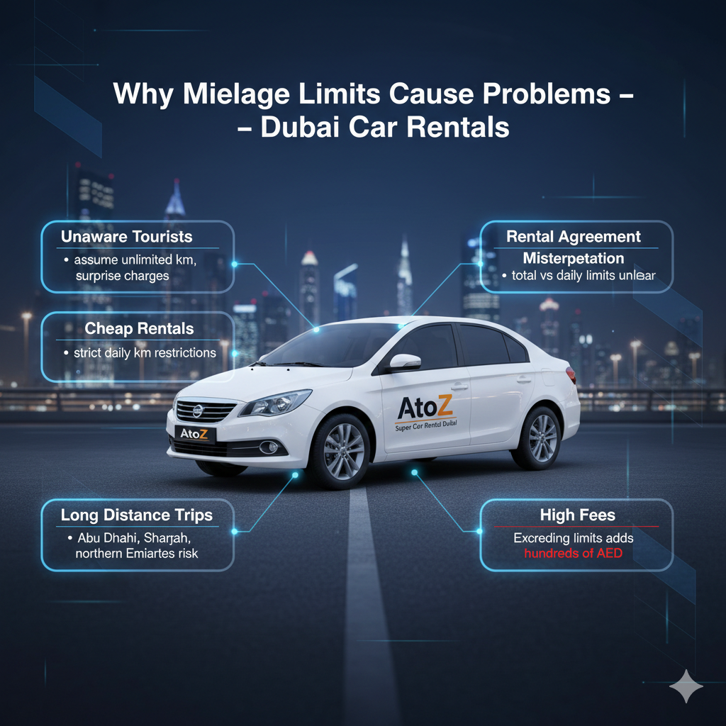 Why Mileage Limits Cause Problems – Dubai Car Rentals 2026 Infographic-style image showing rental car from AtoZ Super Car Rental Dubai with main points about why mileage limits cause problems: unaware tourists, cheap rentals, long-distance trips, rental agreement misinterpretation, and high fees.