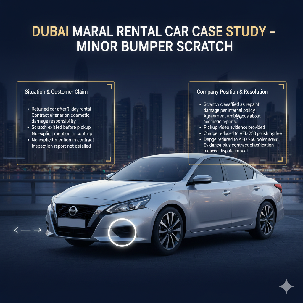 Dubai Marina Rental Car Case Study – Minor Bumper Scratch Premium infographic image showing a Nissan Altima rental in Dubai Marina with a highlighted rear bumper scratch, side panels displaying customer claim, company position, and resolution points.
