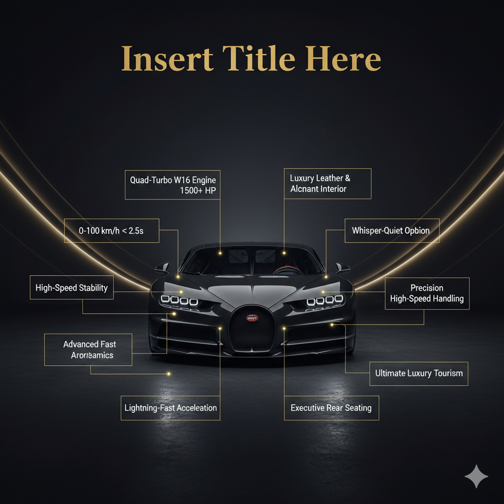 Bugatti Chiron 2026 luxury user guide cover image with hypercar in center and key performance, rental, and luxury features highlighted as infographic points
