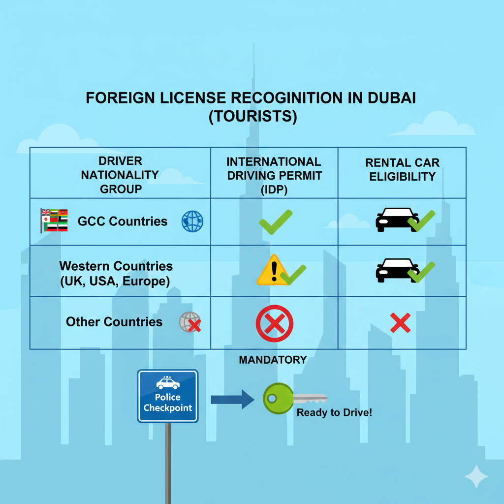 Infographic comparing GCC, Western, and non-recognized foreign licenses with IDP requirements for legal tourist driving in Dubai