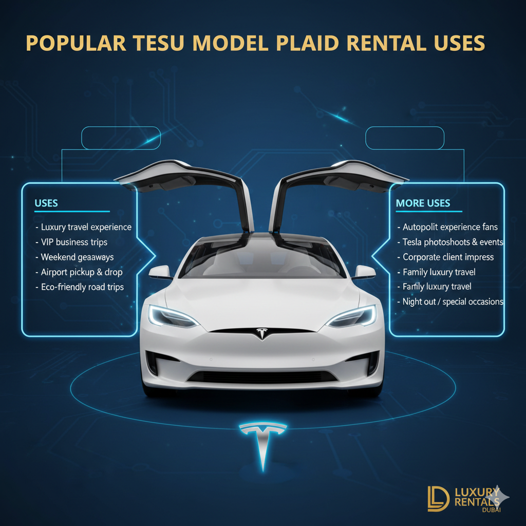 Luxury infographic-style user guide showing Tesla Model S Plaid in the center with title at the top and side spaces for popular rental uses including luxury travel, VIP business trips, weekend getaways, airport pickup, eco-friendly road trips, autopilot experience, photoshoots, corporate impress, family travel, and special occasions.
