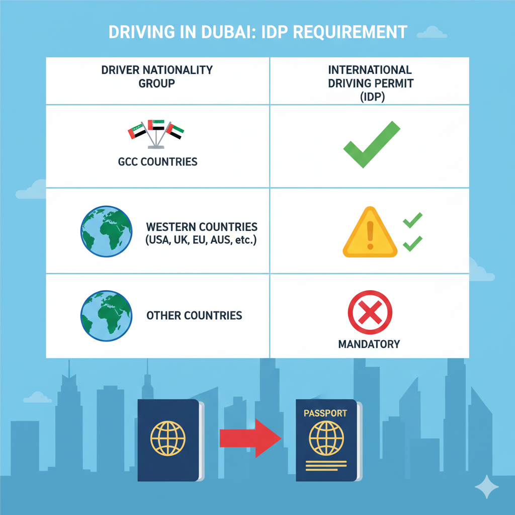 Infographic table showing IDP requirement by nationality for driving legally in Dubai