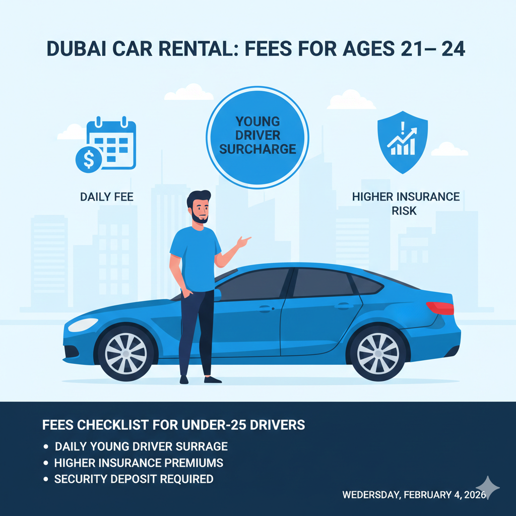 Infographic showing young driver surcharge fees for Dubai car rentals for drivers aged 21–24 with insurance risk icon