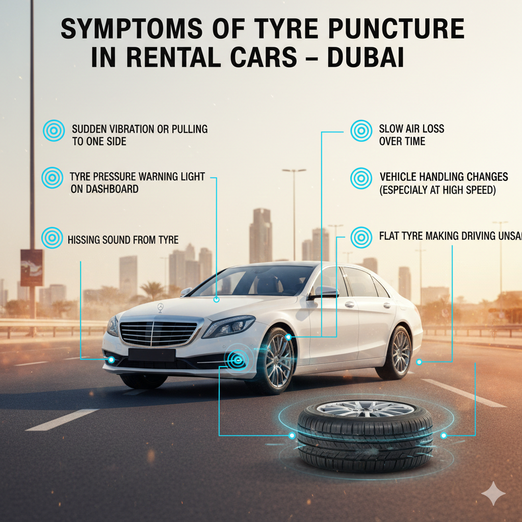 Symptoms of Tyre Puncture – Rental Cars Dubai Guide Visual guide showing symptoms of tyre puncture in rental cars in Dubai with luxury vehicle, highlighted tyre, and side bullet points.