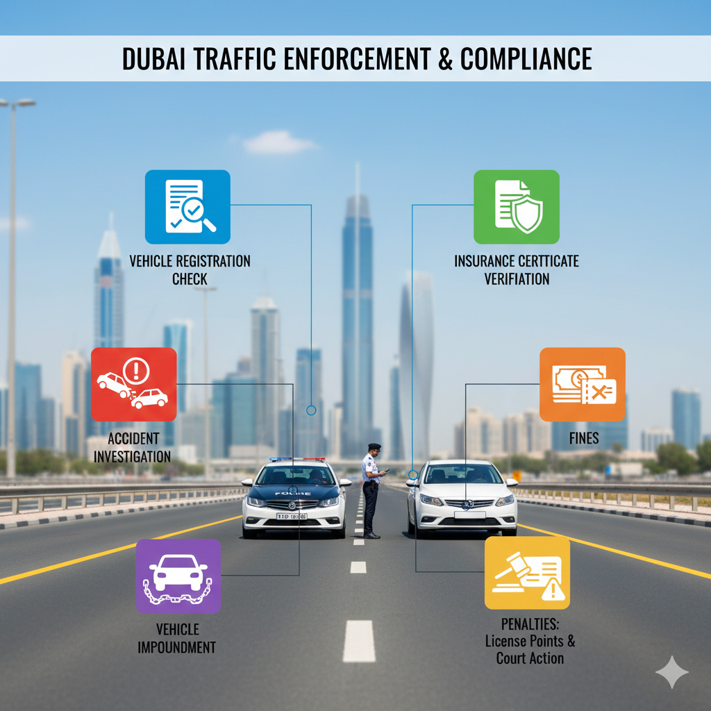 Enforcement of Basic Insurance Coverage Rules Dubai — User Guide Infographic showing Dubai authorities enforcing basic insurance coverage rules with fines, vehicle checks, and penalties