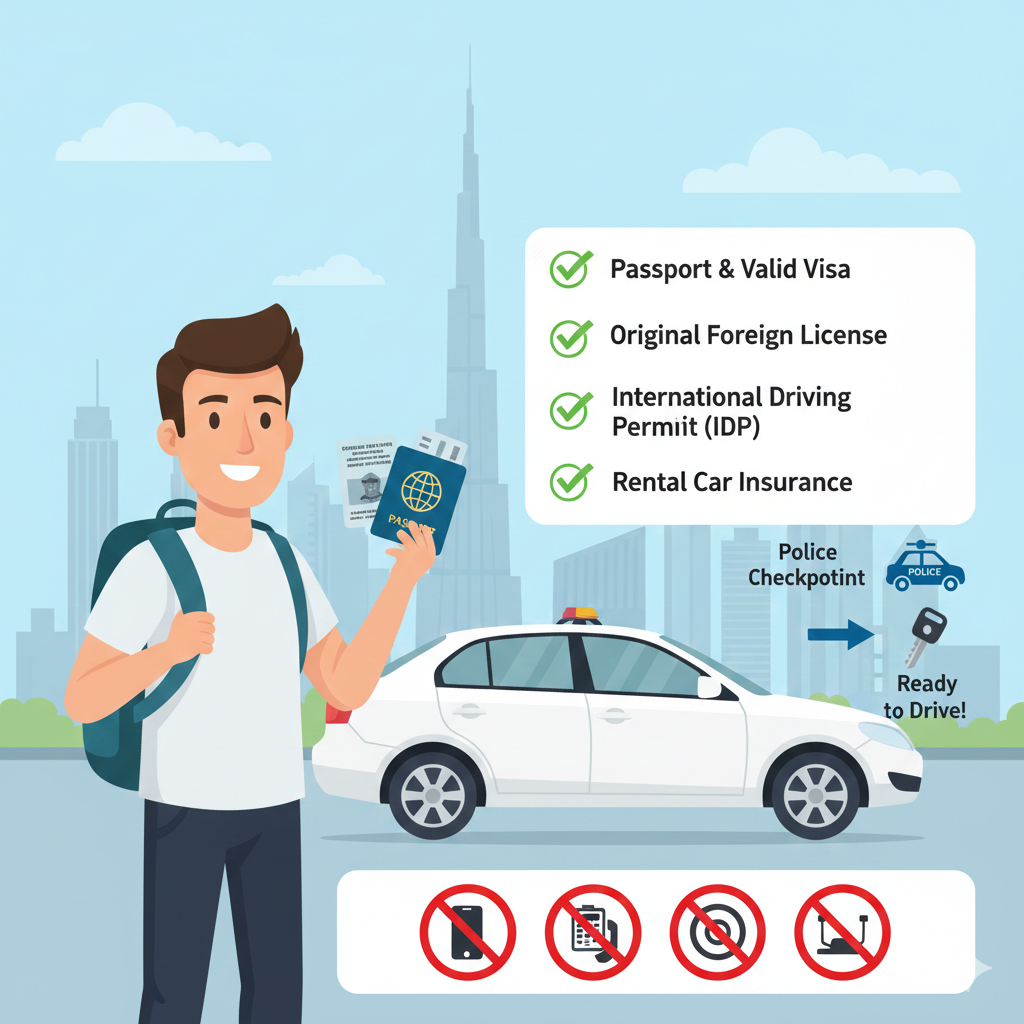 Visual guide of a tourist with passport, foreign license, and IDP near a rental car, illustrating legal requirements and compliance under Dubai tourist driving laws
