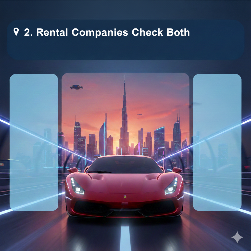 "2. Rental Companies Check Both" "User guide image showing the title '2. Rental Companies Check Both' at the top, animated luxury car in the center with Dubai skyline, and empty side spaces for key points."