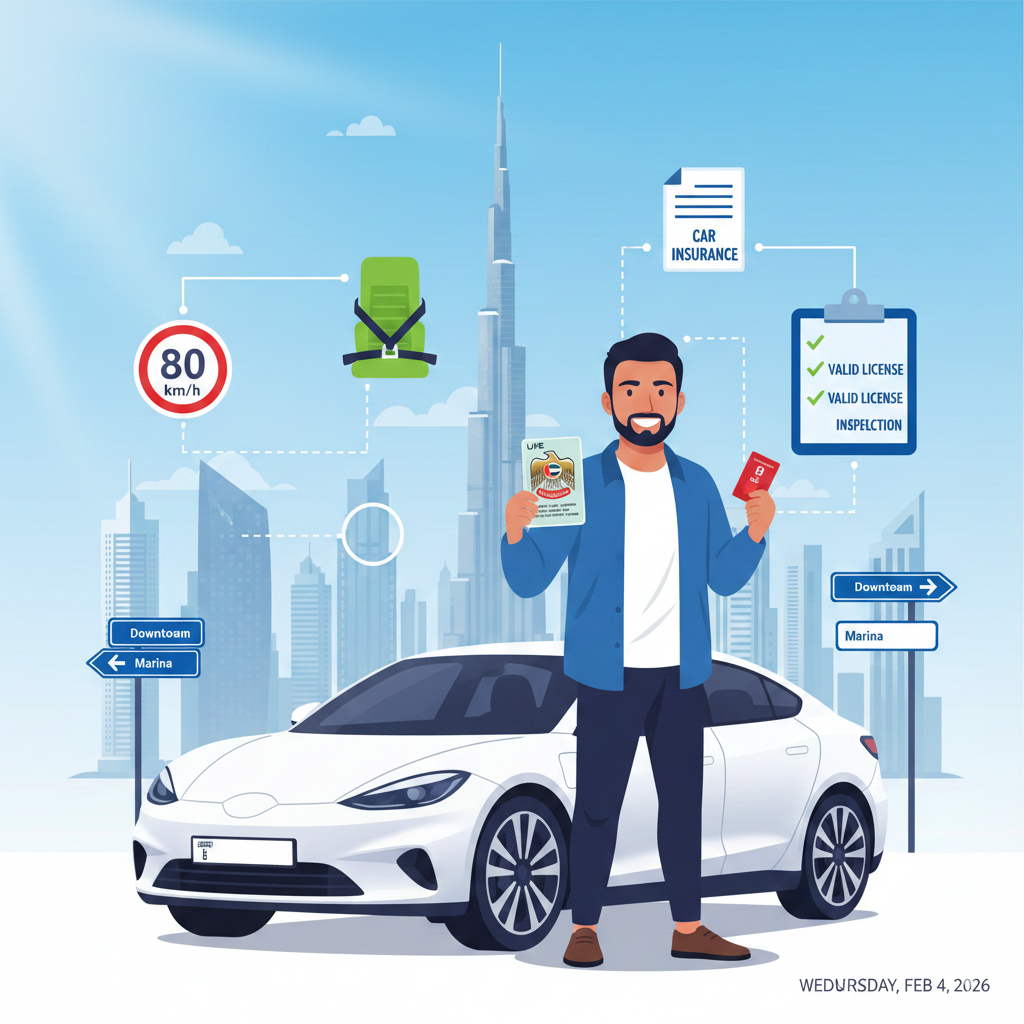 Dubai resident driver infographic showing UAE license, traffic rules, and compliance symbols
