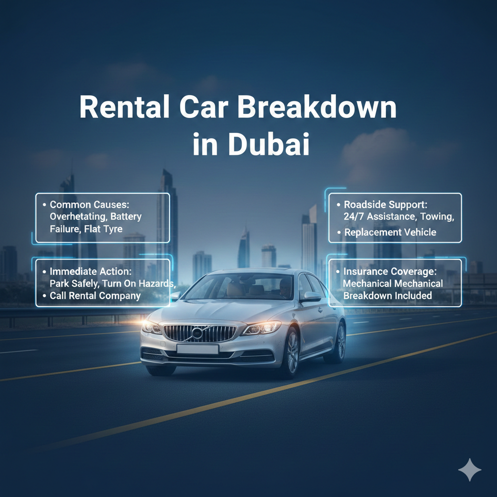 Rental car breakdown in Dubai guide image showing a stranded car on roadside with key emergency steps and roadside assistance information displayed in infographic format.