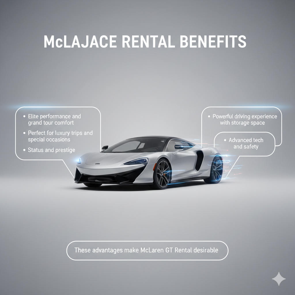 User guide style image showing McLaren GT in the center with animated effects, dynamic title at the top, and benefit bullet points on both sides.
