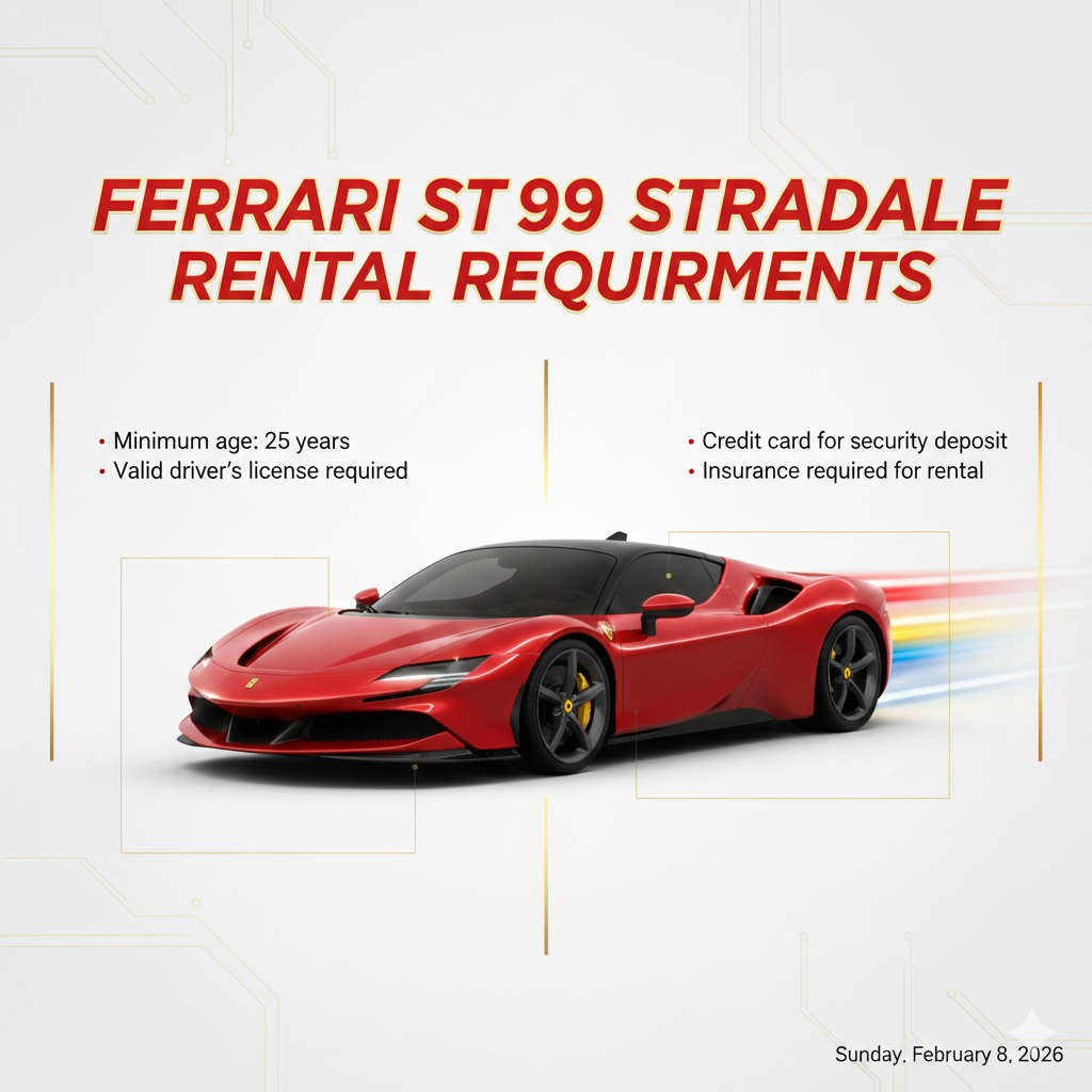 "Ferrari SF90 Stradale Rental Requirements – User Guide Visual" "Animated user guide image showing Ferrari SF90 Stradale rental requirements with the title at the top, central car illustration, and side bullet points listing age, license, credit card, and insurance requirements."