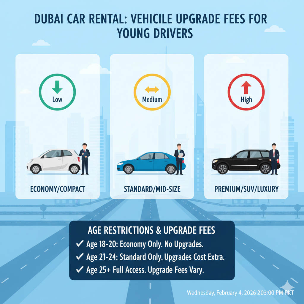 Infographic showing vehicle upgrade fees for Dubai young drivers, with economy, standard, and luxury cars, indicating low, medium, and high extra charge likelihood and age restrictions