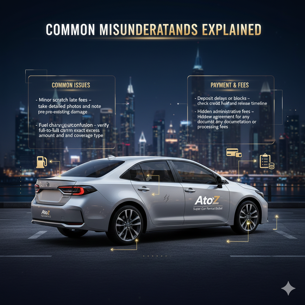 Infographic image showing a premium rental vehicle in Dubai with side panels explaining common rental car misunderstandings, including minor scratch fees, fuel charge confusion, insurance excess issues, deposit delays, and hidden administrative fees.