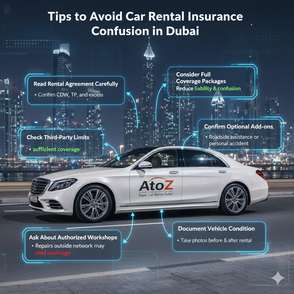 Tips to Avoid Car Rental Insurance Confusion – Dubai 2026 Guide Infographic-style image showing luxury rental car from AtoZ Super Car Rental Dubai with key tips to avoid insurance confusion: read agreement, check third-party limits, authorized workshops, full coverage, optional add-ons, and document vehicle condition.