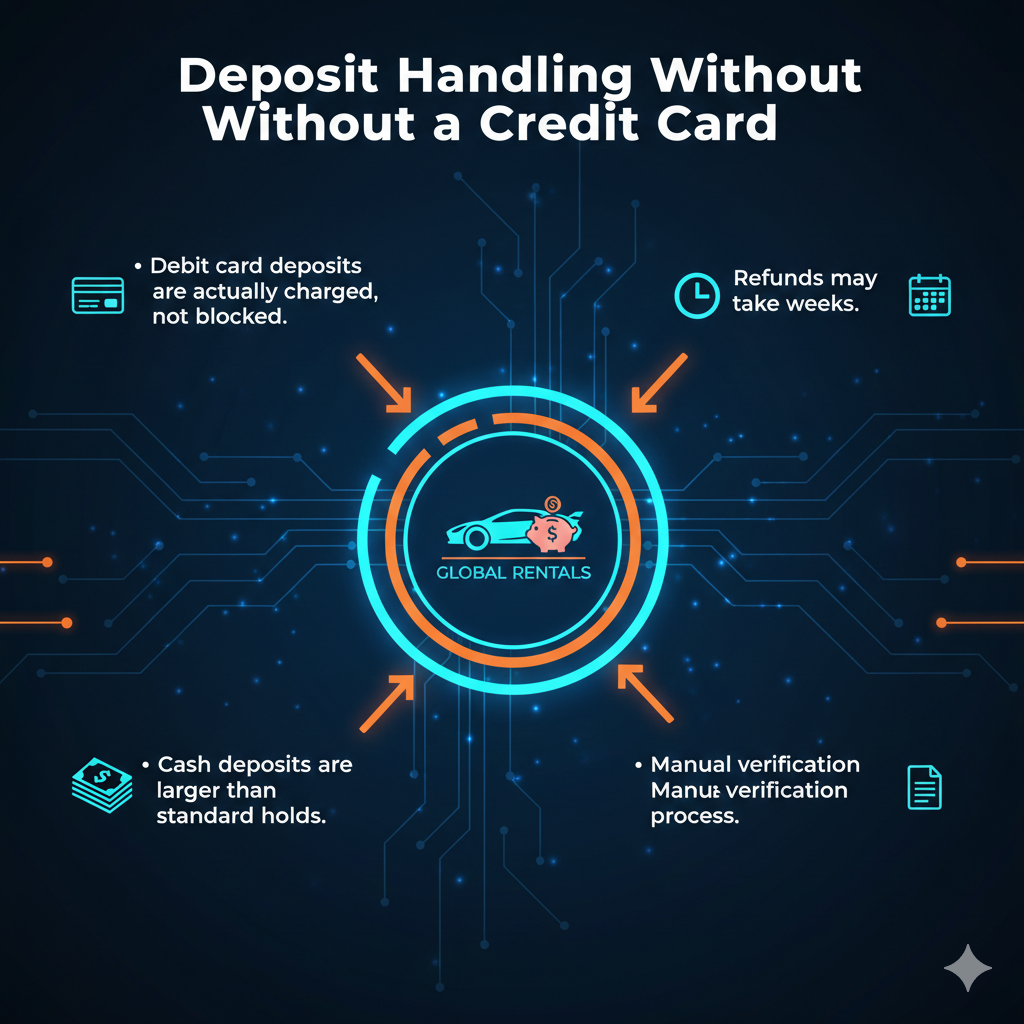 Deposit Handling Without a Credit Card Feature image for user guide titled 'Deposit Handling Without a Credit Card', showing key points on left and right sides, with a central brand image highlighted with animated infographic elements.