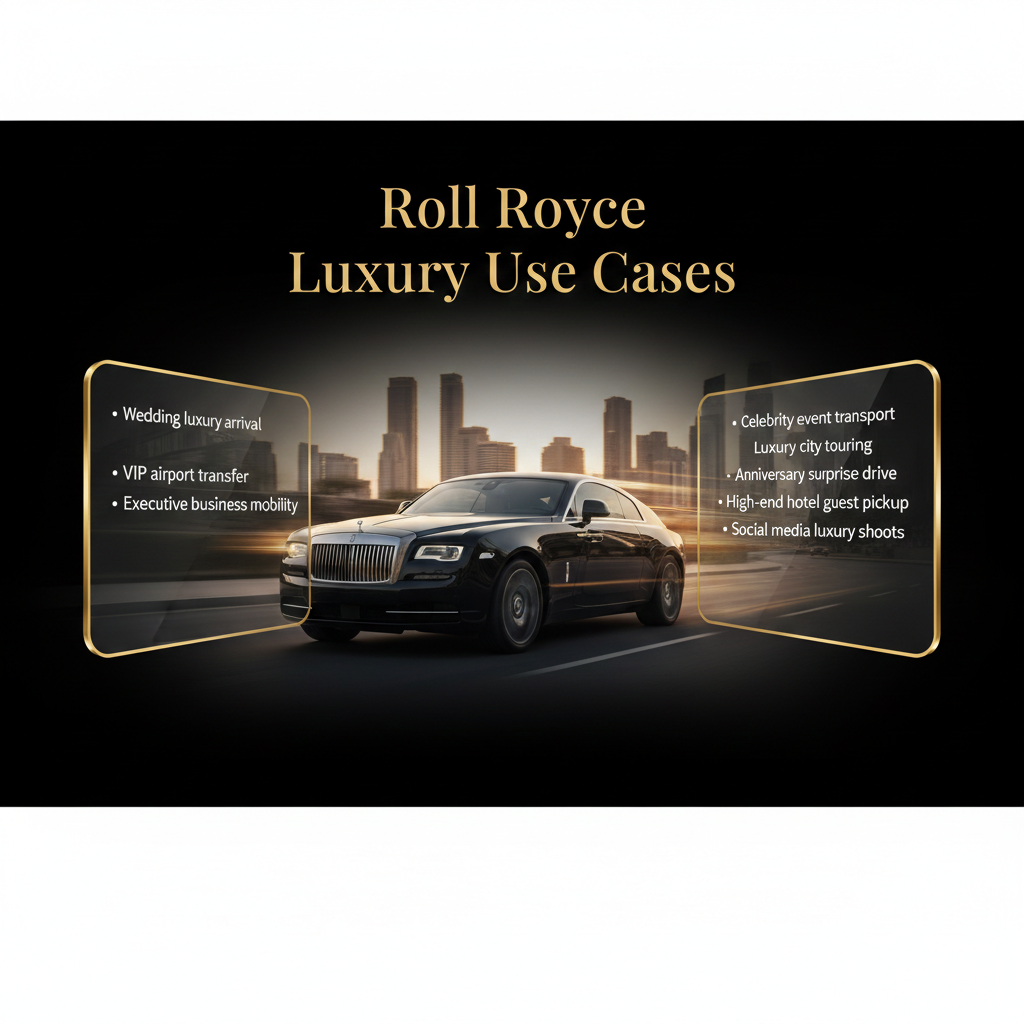 Rolls Royce Wraith luxury use cases infographic showing wedding, VIP, executive, and celebrity scenarios with cinematic editorial layout