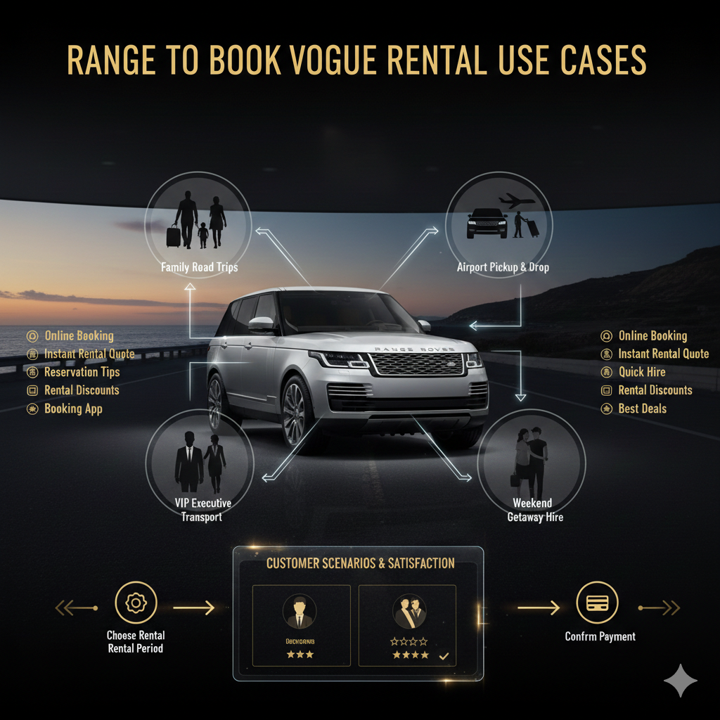 "Range Rover Vogue infographic showing travel use cases like family trips, airport pickup, and VIP transport with central luxury SUV."