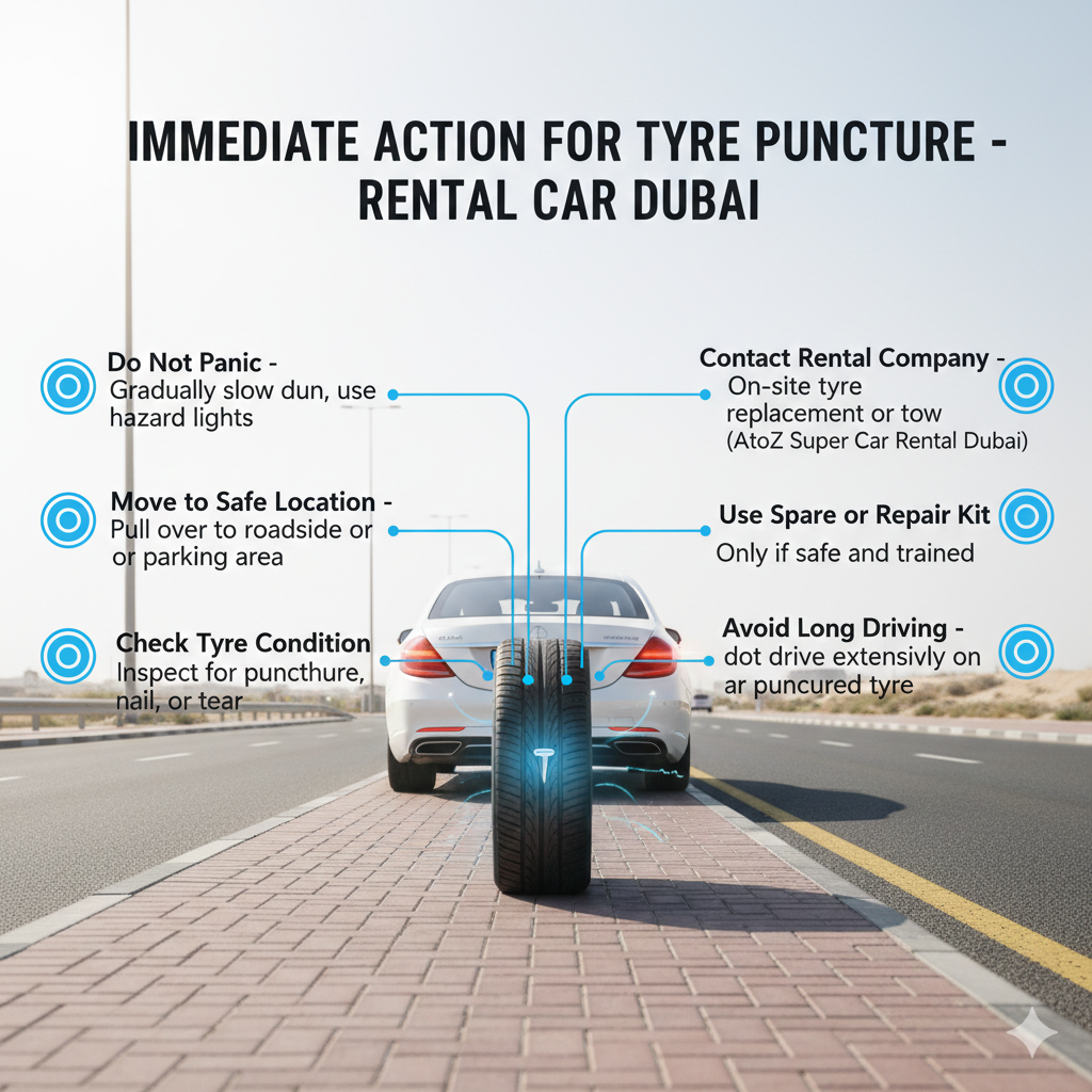 Immediate Action for Tyre Puncture – Rental Cars Dubai Visual guide showing immediate action steps for tyre puncture in rental cars Dubai, highlighting stopped vehicle, punctured tyre, hazard lights, and emergency steps on sides.