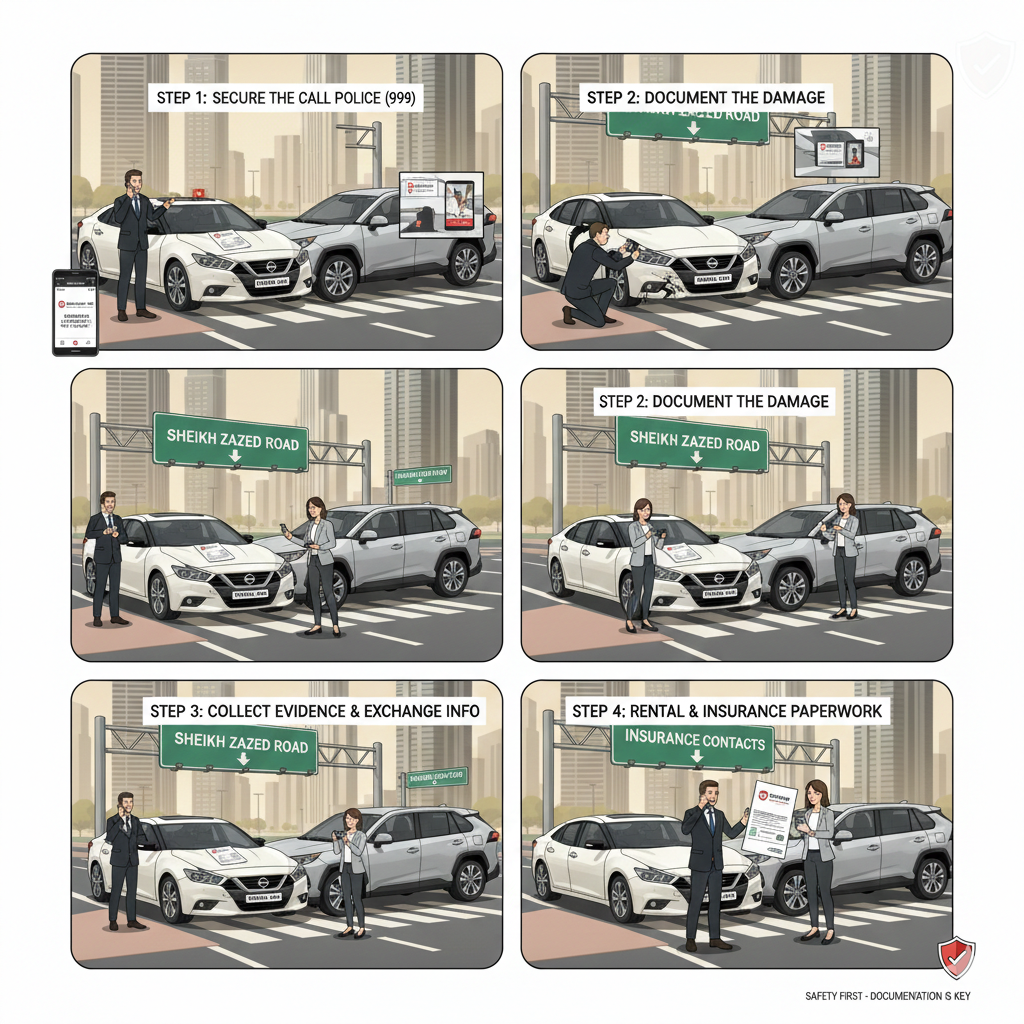 Step-by-Step Accident Procedure for Rental Car Dubai Step-by-step visual guide of a rental car accident in Dubai with driver stopping safely, calling Dubai Police, taking photos, and filing insurance documents, demonstrating the accident procedure for rental car Dubai.