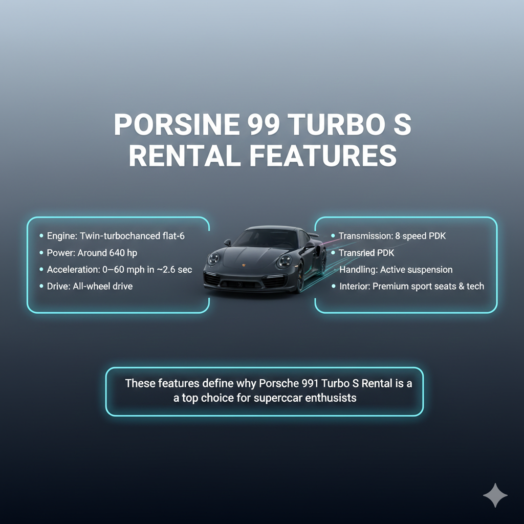 User guide style image showing Porsche 911 Turbo S in the center with animated effects, dynamic title at the top, and feature bullet points on both sides.
