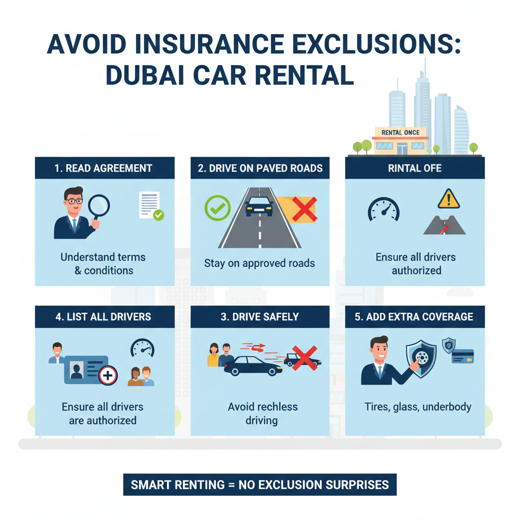 Illustration of a Dubai rental car scenario with tips to prevent insurance exclusions, including reading agreements, driving on approved roads, safe driving, listing all drivers, and adding optional coverage