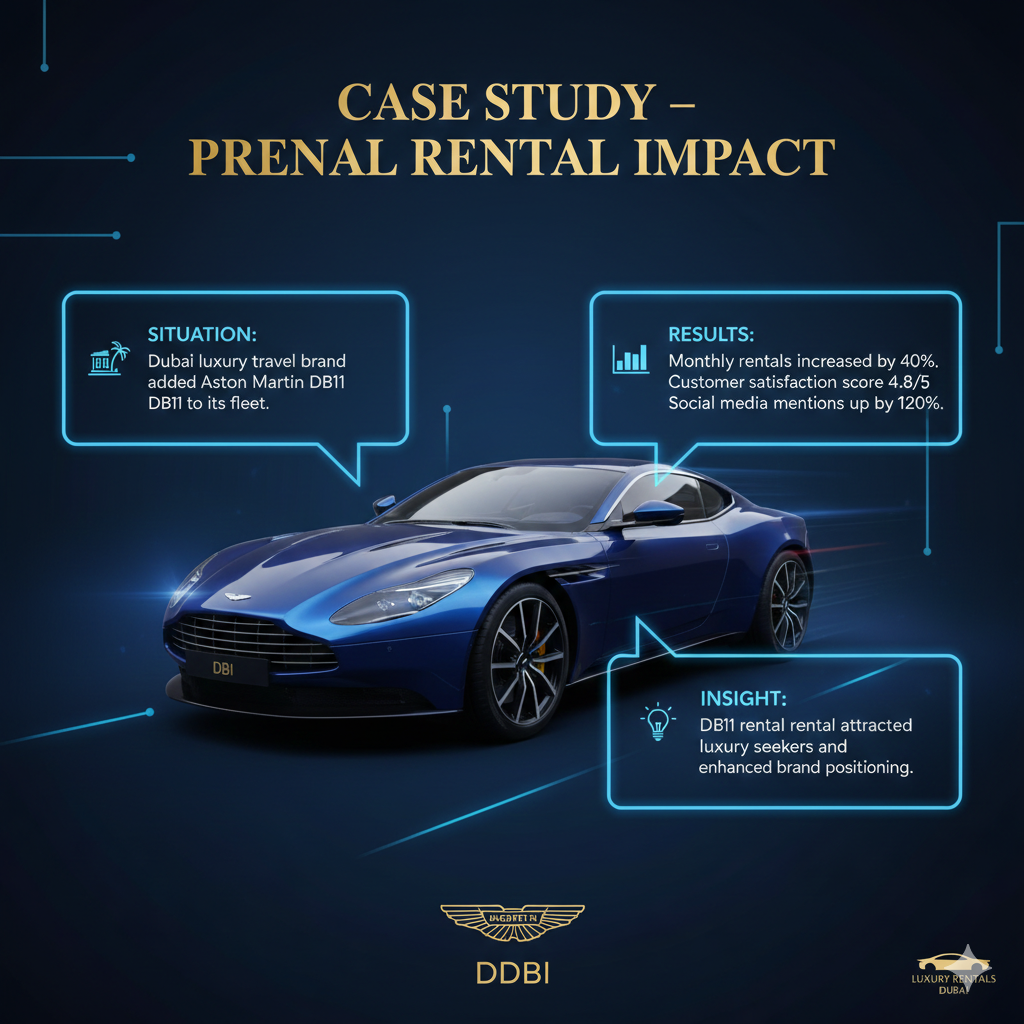 Infographic showing Aston Martin DB11 in the center with title at the top and side spaces for case study points including Situation, Results, and Insight of DB11 rental impact.

