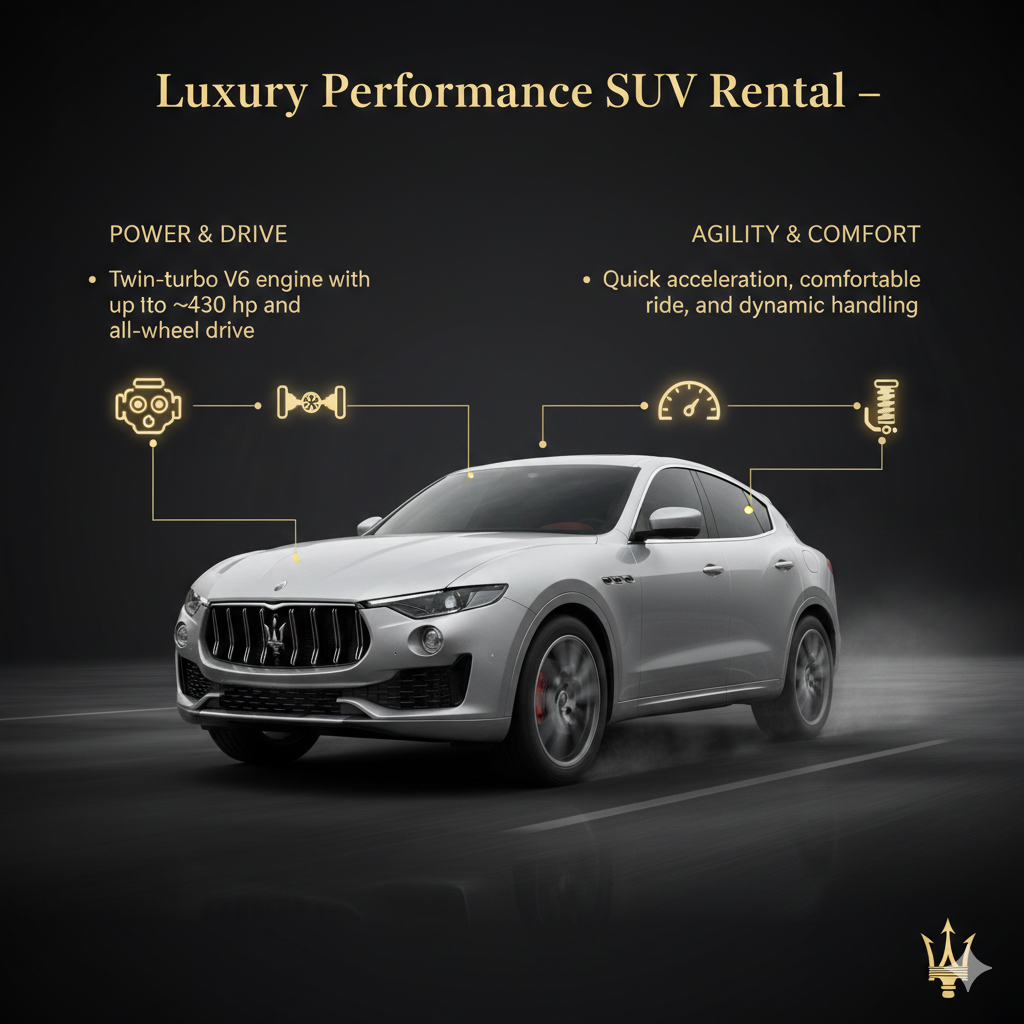 "Luxury Performance SUV Rental – Maserati Levante" "Infographic for 'Luxury Performance SUV Rental – Maserati Levante' showing title at the top, key performance features as bullet points on sides, and a central high-quality Maserati Levante image with animated infographic-style icons."