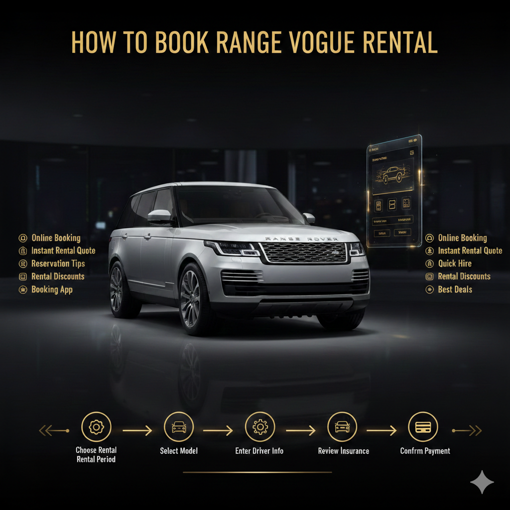 "Range Rover Vogue booking guide infographic showing central luxury SUV with side panels explaining online booking steps and rental deal highlights."