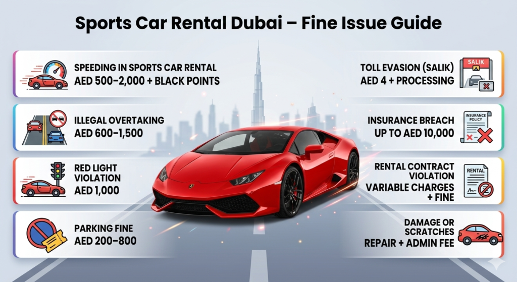 "User guide infographic showing a premium sports car in the center with top title 'Sports Car Rental Dubai – Fine Issue Guide', key fines and penalties displayed as bullet points on both sides, with animated infographic style and Dubai skyline in the background."