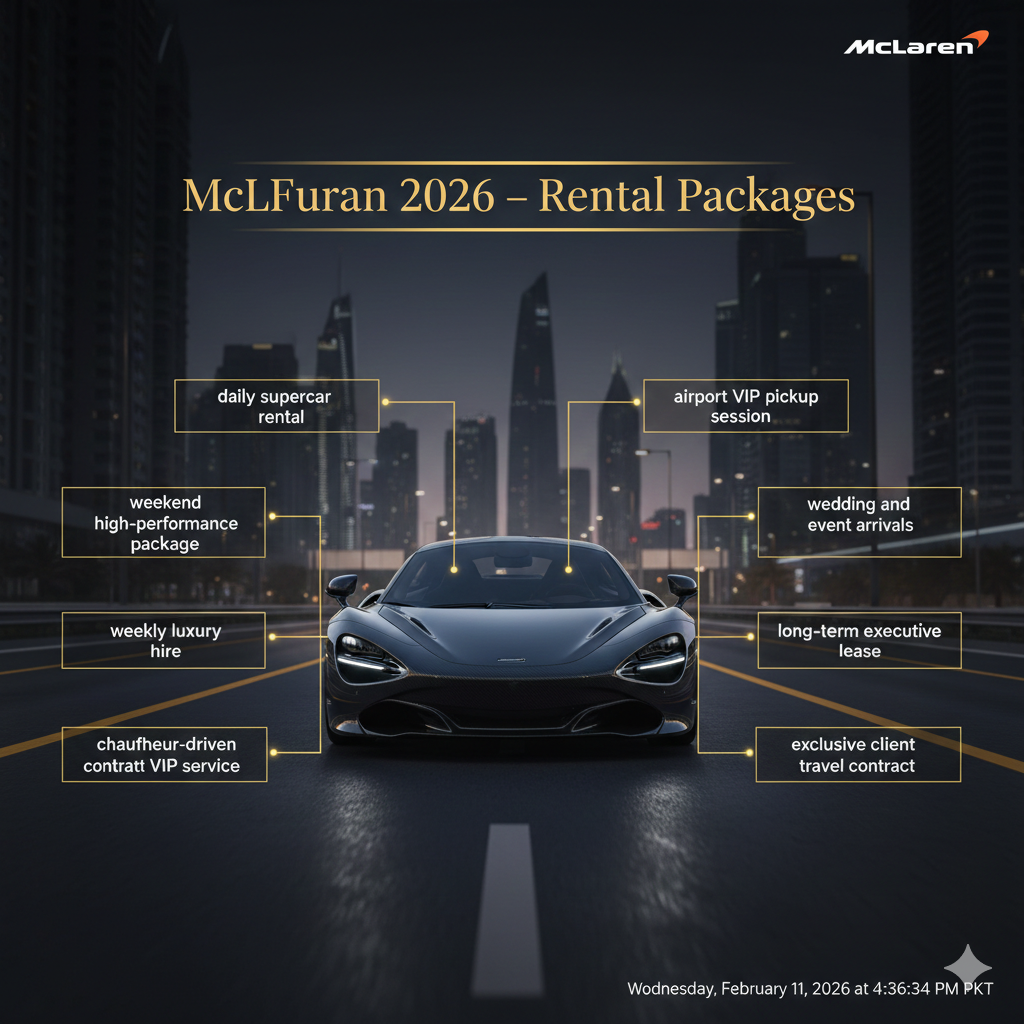 McLaren 720S 2026 luxury rental packages infographic showing supercar in center with package options highlighted around it