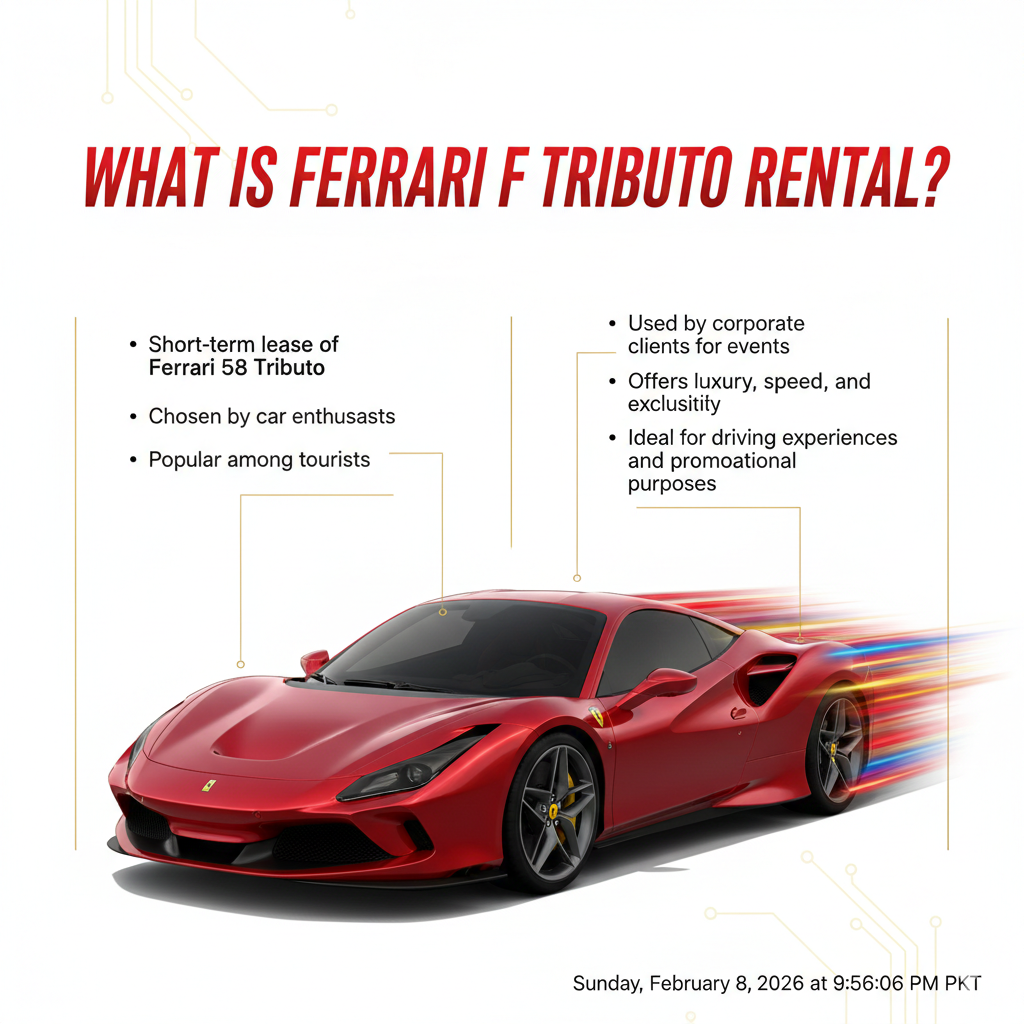 "What is Ferrari F8 Tributo Rental – Premium User Guide Visual" "High-quality animated user guide image showing the title 'What is Ferrari F8 Tributo Rental?' at the top, a central Ferrari F8 Tributo illustration, and side bullet points highlighting key aspects of the rental."