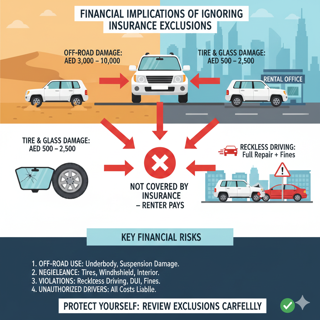 Illustration of Dubai rental car scenarios with cost estimates showing financial impact of ignoring insurance exclusions, including off-road SUV damage, windshield/tire damage, unauthorized driver accidents, and reckless driving/DUI