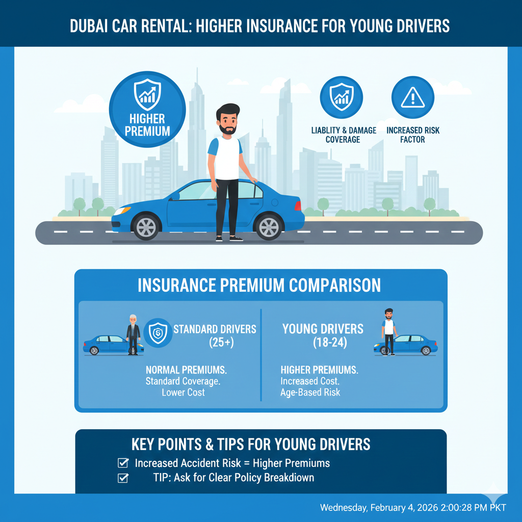 Infographic showing higher insurance premiums for young Dubai drivers aged 18–24 with icons for liability, damage coverage, risk factor, and reference to trusted rental services