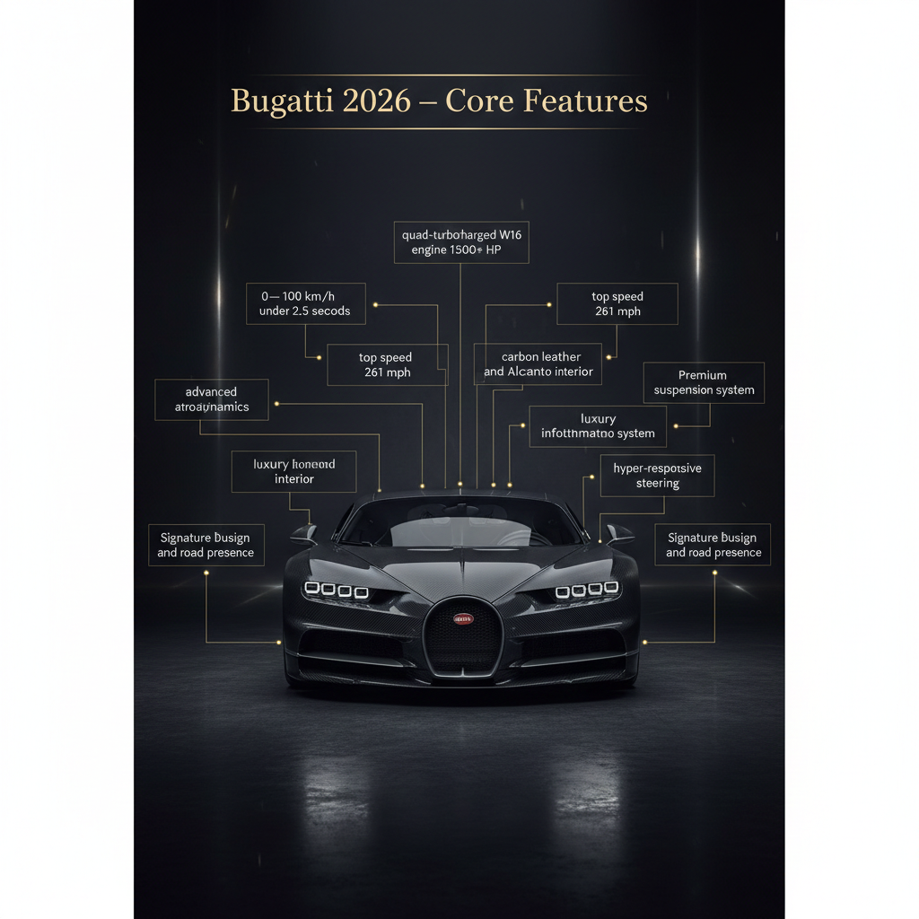 Bugatti Chiron 2026 hypercar in cinematic editorial style with core features highlighted as animated infographic points around the car